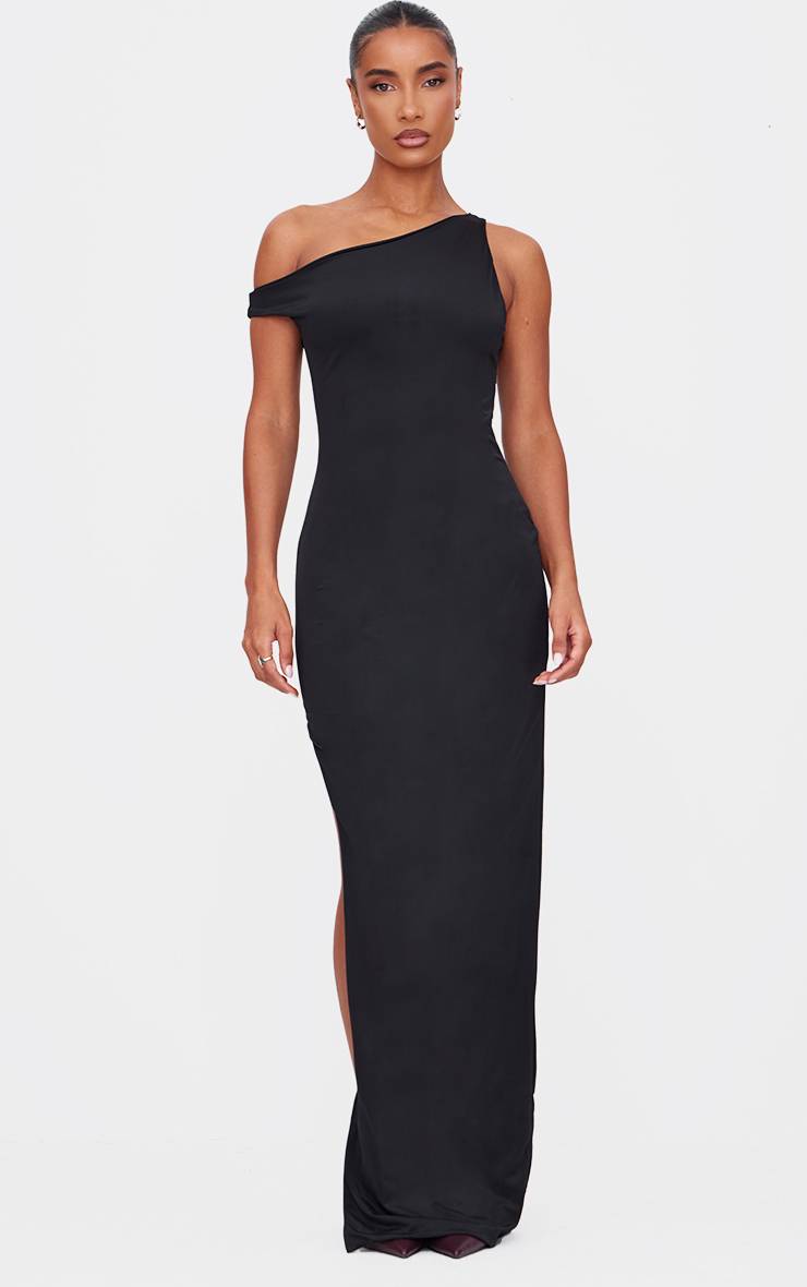 Noir Robe Longue Asymétrique Sculptante En Jersey Mat