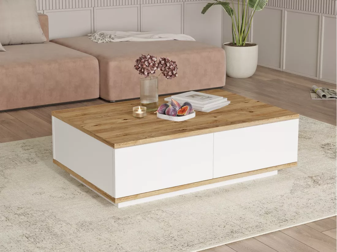 Table basse avec 2 portes - Naturel et Blanc - LOTULA