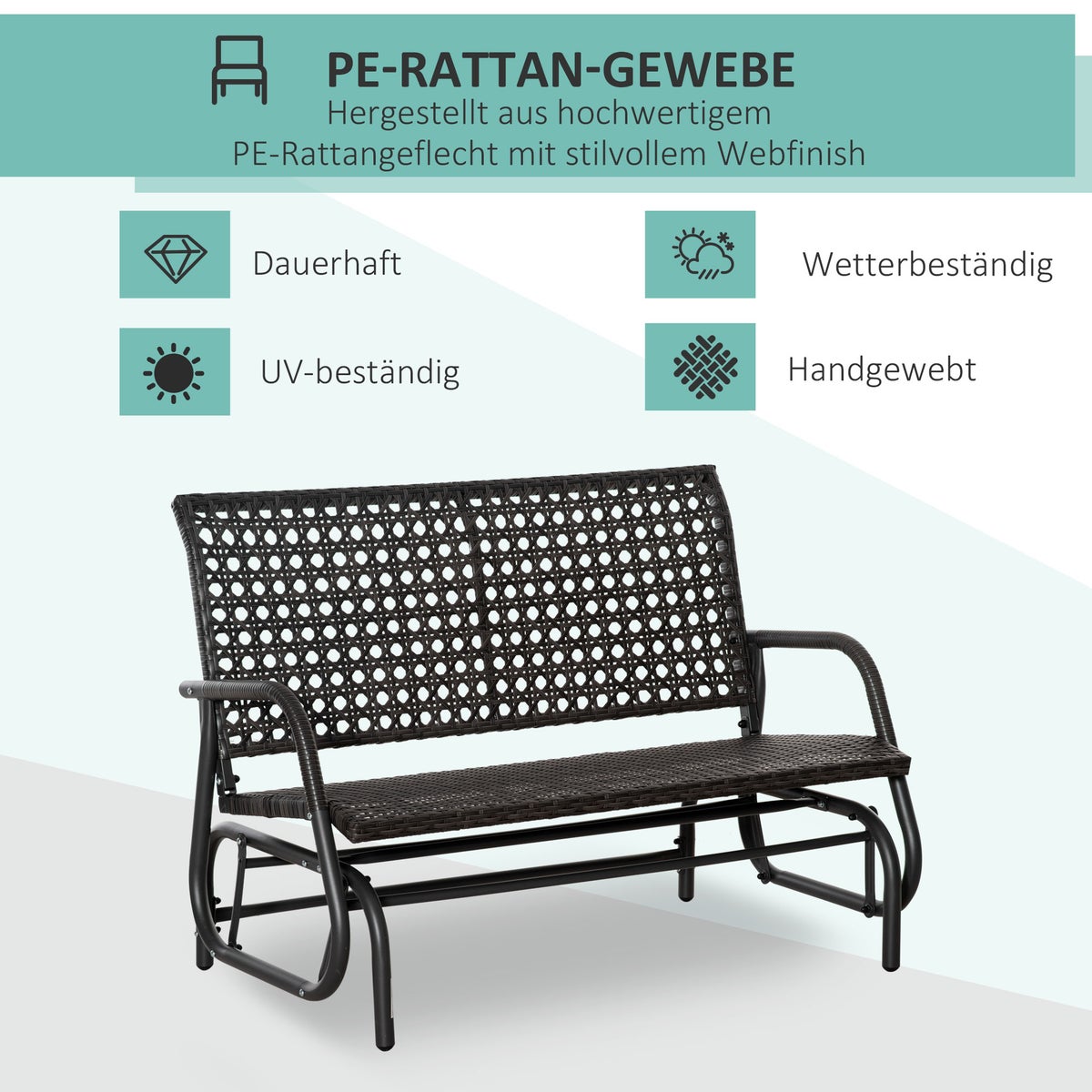 Outsunny polyrotan schommelbank, 2-zits tuinschommel, met rugleuning, 70 x 120 x 84 cm, staal, PE rotan, grijs
