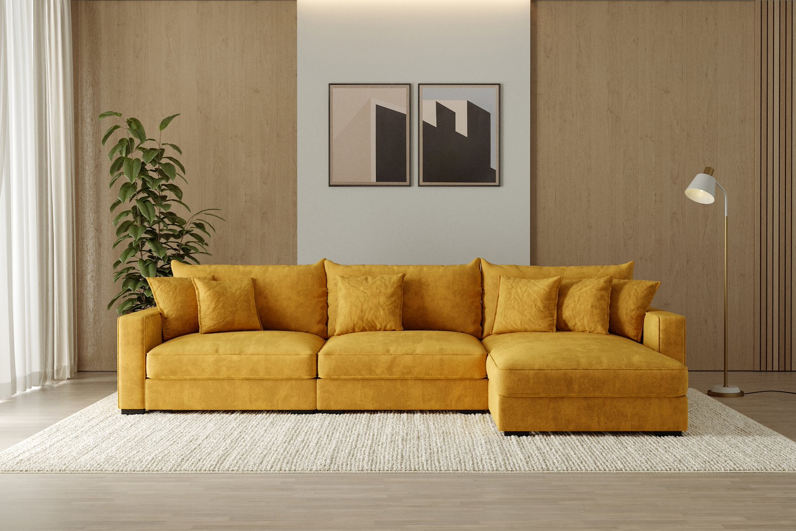 Rossi Lux 3-seter med sjeselong høyre Tekstil Genesis 10 Golden Yellow, arm B med sorte ben. Lux Komfort.