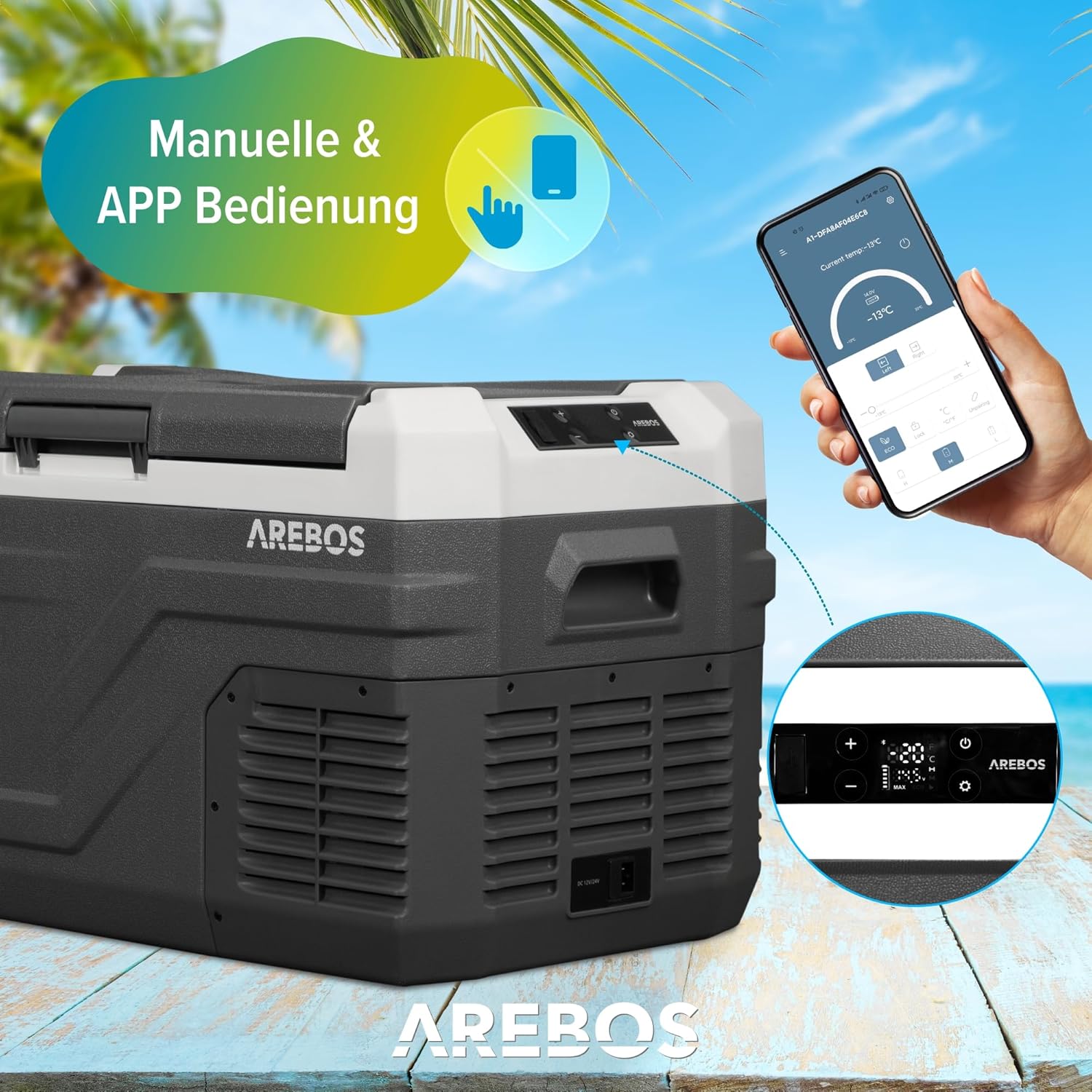 Arebos Kompressor Kühlbox 26 Liter | Elektrische Gefrierbox mit APP & Smart-Steuerung | Mobile Kühltruhe mit USB-Anschluss | bis -20 °C | 12/24 V 230V | für Auto,LKW,Camping,Boot,Wohnmobil