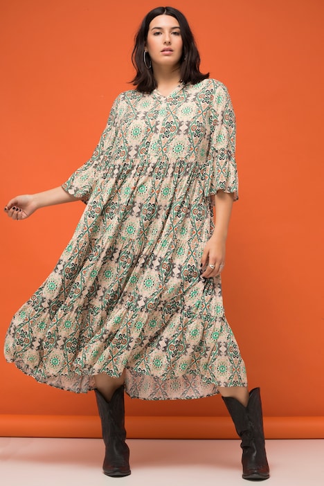 Maxikleid, A-Line, Boho-Print, Tunika-Ausschnitt, 3/4-Ärmel