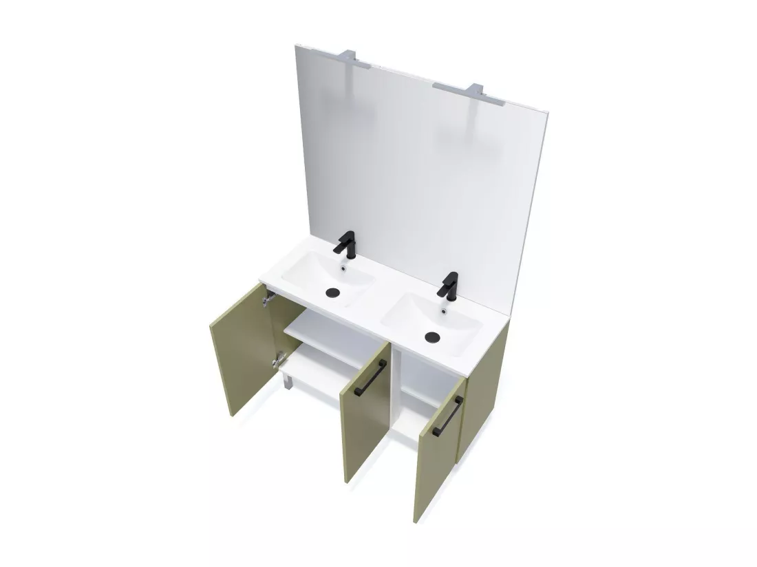 Meuble de salle de bain suspendu avec pieds double vasque intégrée 120cm 3 portes Vert olive - Chelsea