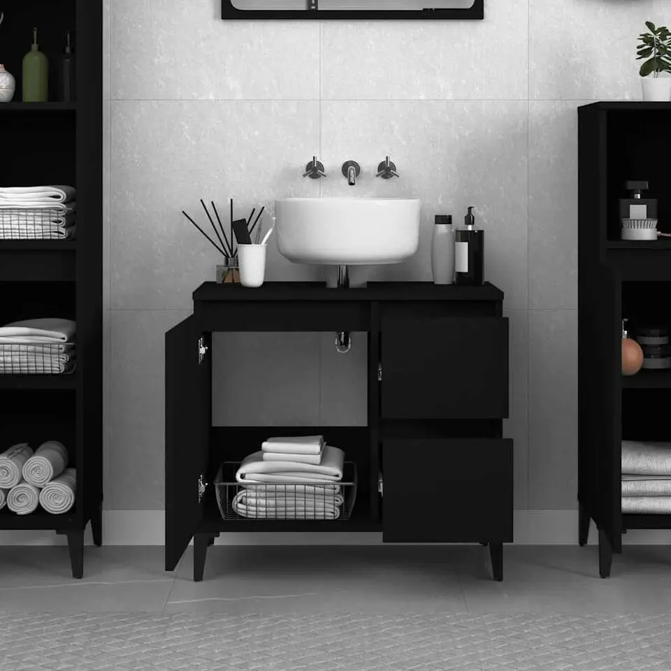 vidaXL - Zwart Wastafelonderkast - 1 deur 2 lades - Hout en metaal - 65x33x60 cm