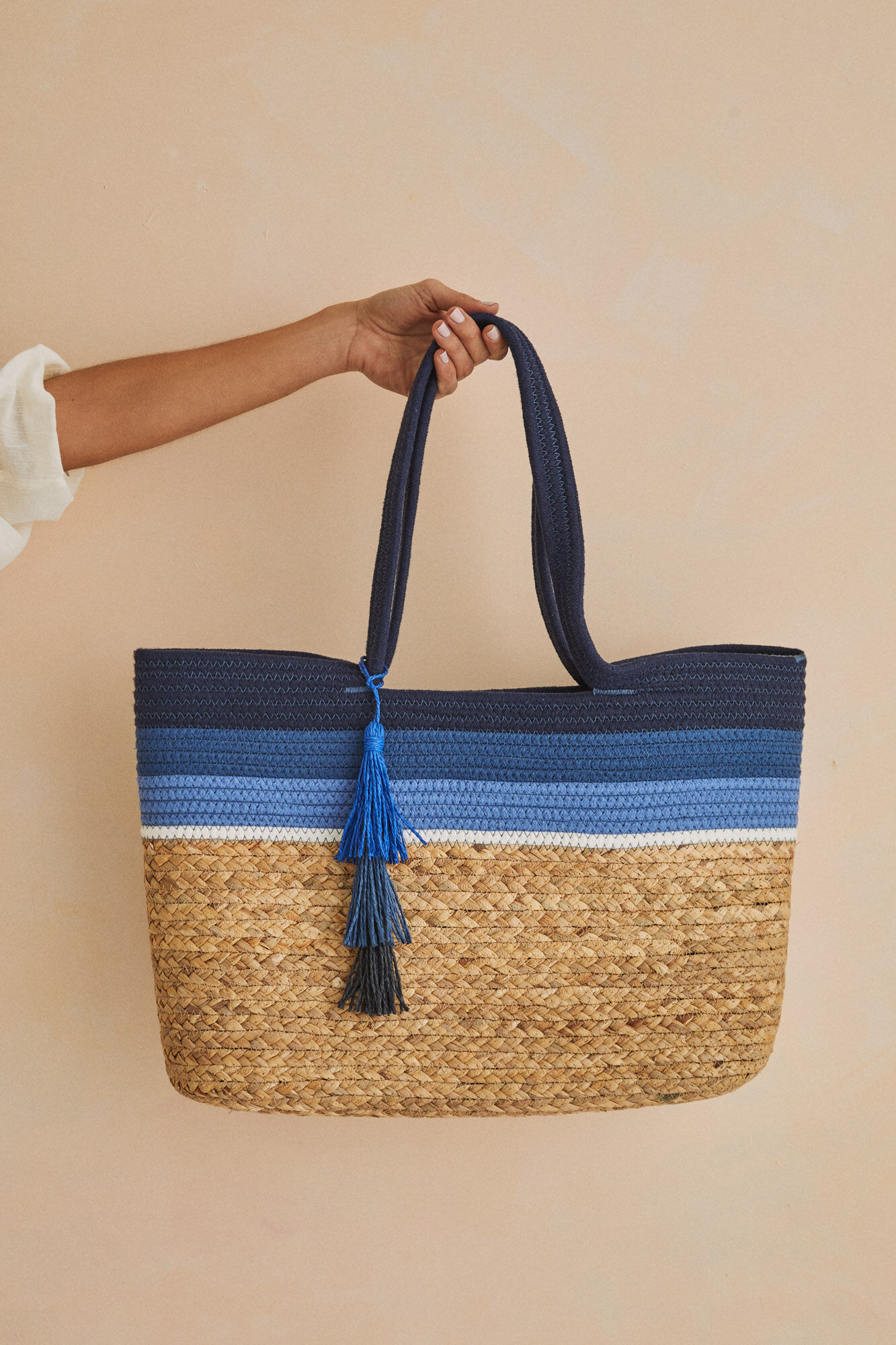 Bolsa de praia tote azul marinho - bege