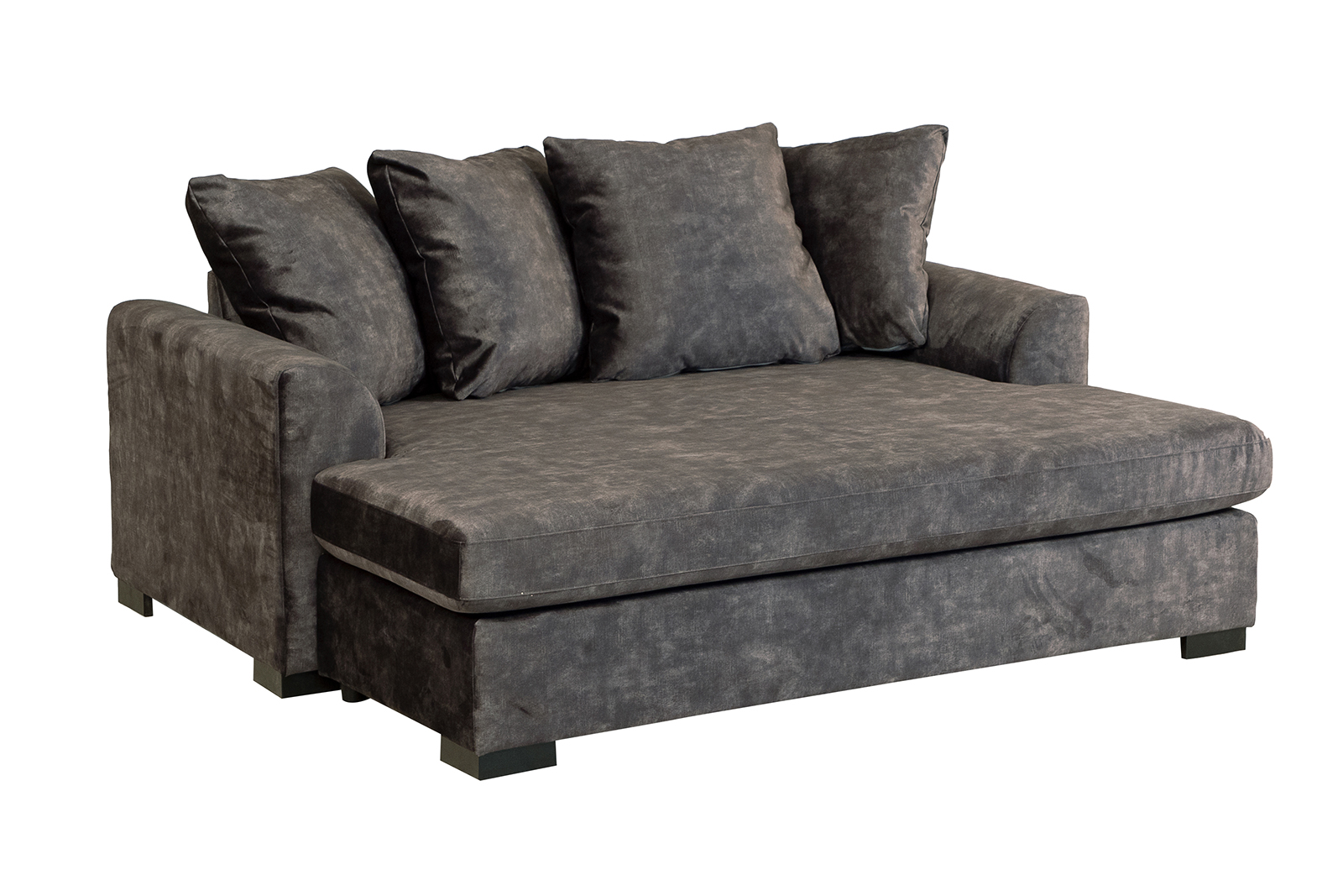 Boston daybed I velurtekstil Fuji Antracit med sorte ben og løse puter.