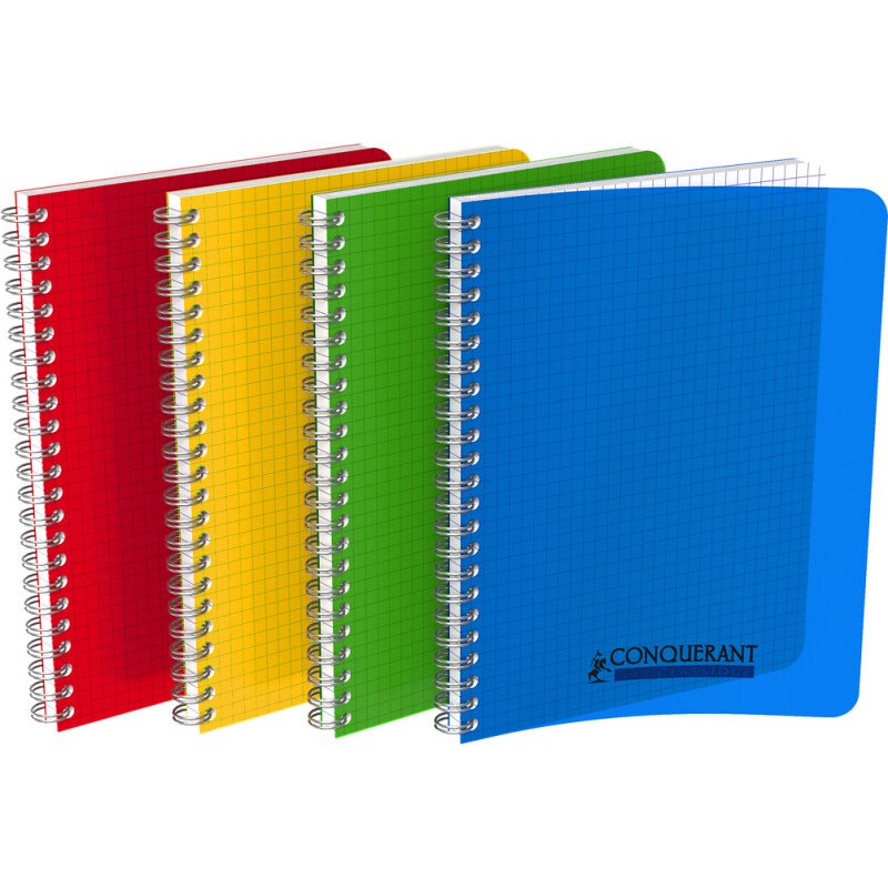 Cahier Conquérant classique 17x22cm petits carreaux 5mm 100 pages reliure spirale couverture polypro coloris assortis