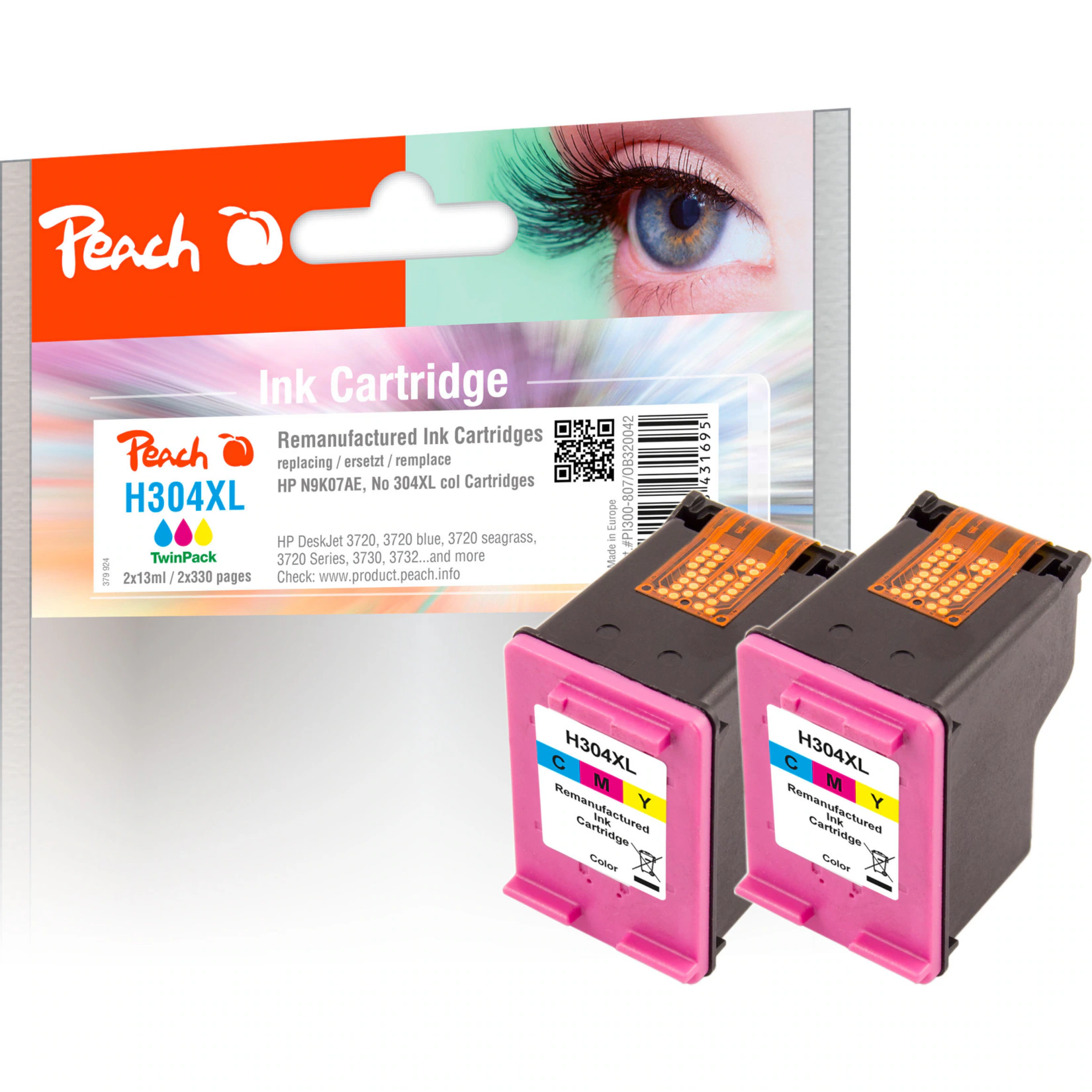 Peach HP 304 XLC 2 Druckköpfe XL 2*col ersetzt HP No. 304XL C*2, N9K07AE*2 für z.B. HP DeskJet 3750, HP DeskJet 3720, HP DeskJet 3730, HP DeskJet 3732 (wiederaufbereitet)