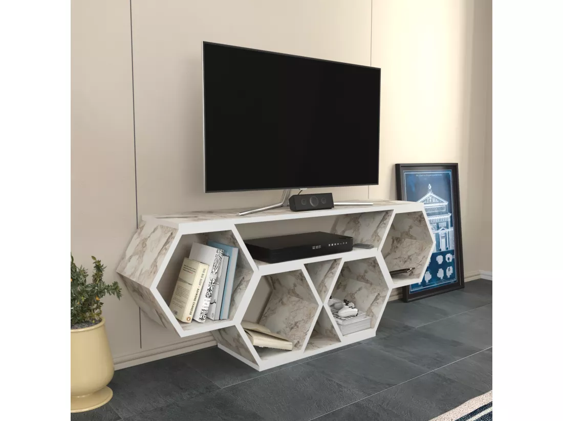 Meuble TV Bal compliments en forme de nid d'abeille, reversible (Effet marbre blanc)