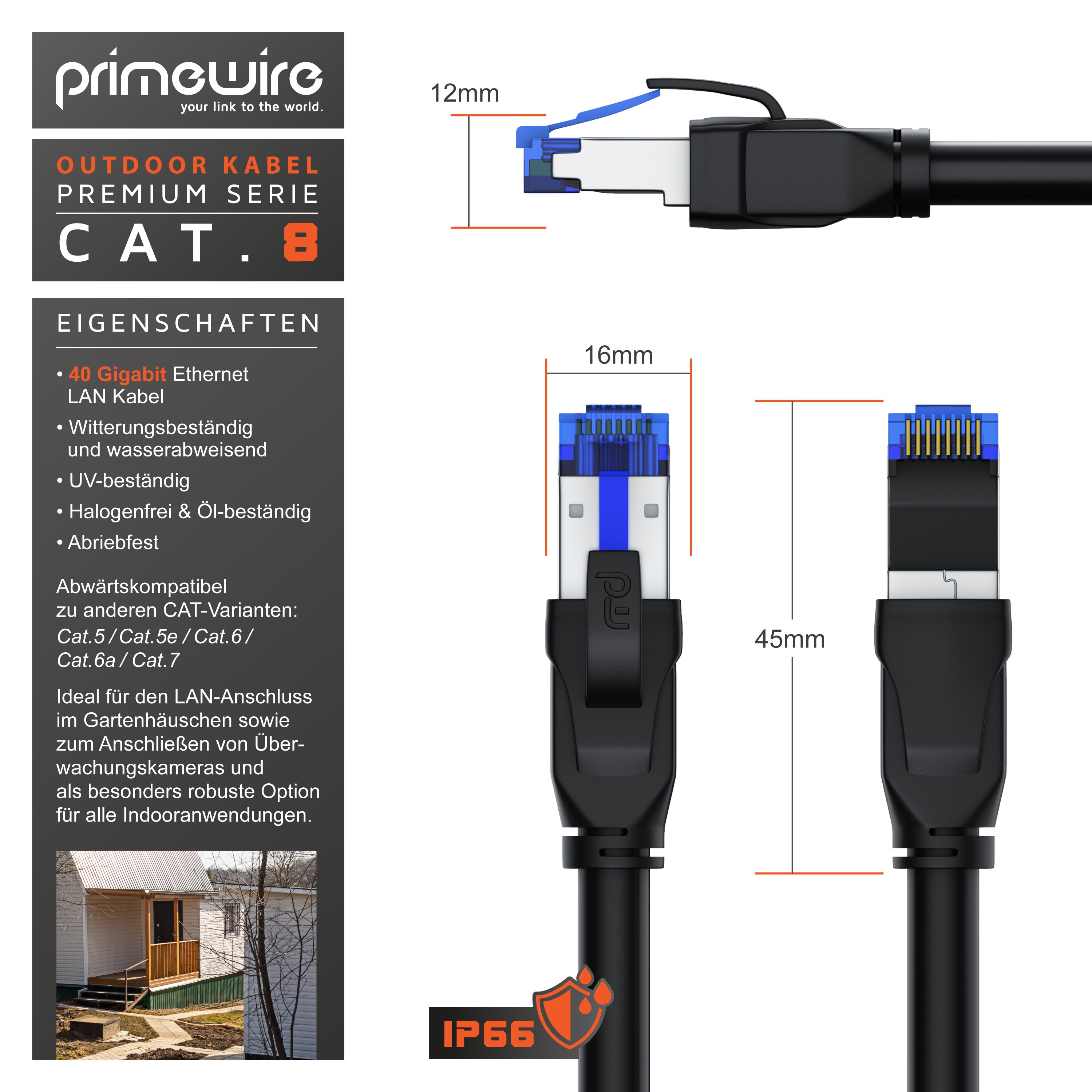 Primewire Outdoor Patchkabel - CAT 8 - mit IP66 - 40 Gbit/s Glasfaser - S/FTP PiMF Schirmung - Netzwerkkabel - 15m