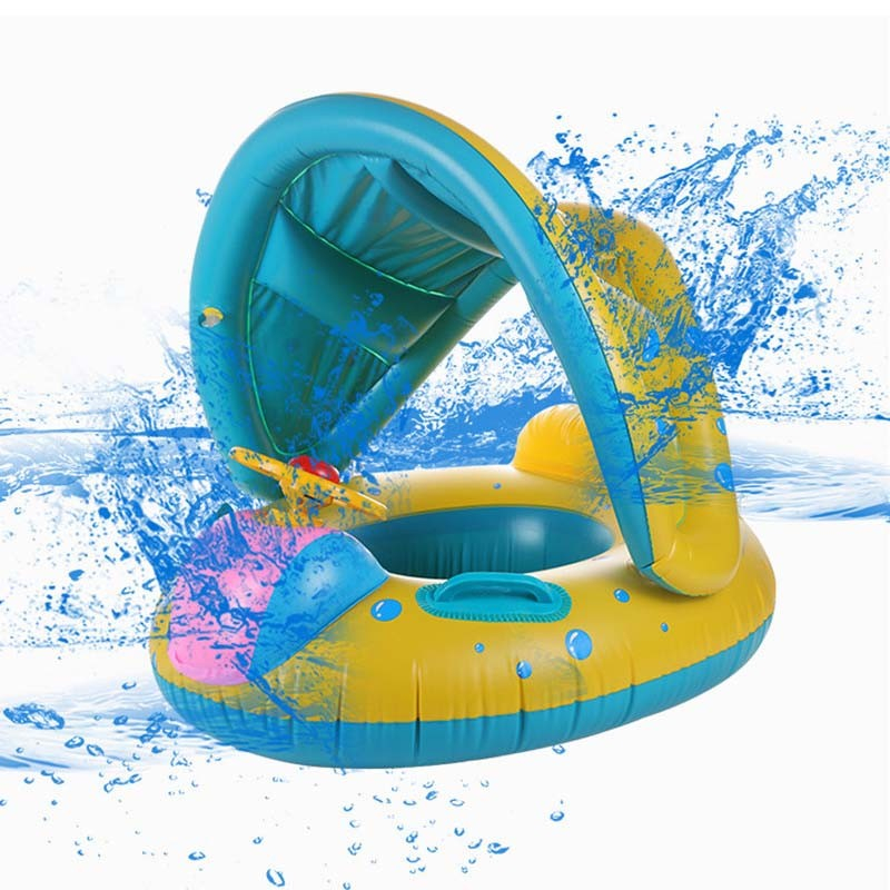 Aufblasbare Baby Schwimmhilfe Pool Sitz Wasser Ring inkl. Abnehmbarem Sonnendach - Blau / Gelb