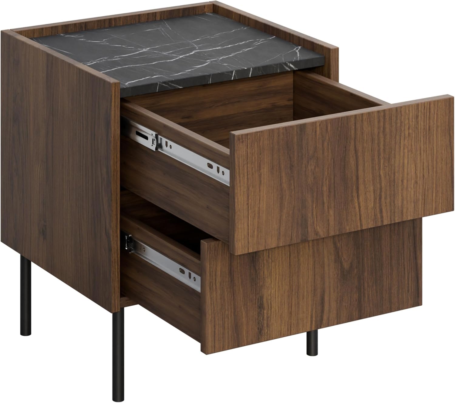 Mirjan24 Nachttisch Tewos S40 S2 mit 2 Schubladen, Metallfüße, Nachtschrank, Nachtkonsole, Nachtkommode, Beistelltisch (Nuss Warmia + Marmor Schwarz)