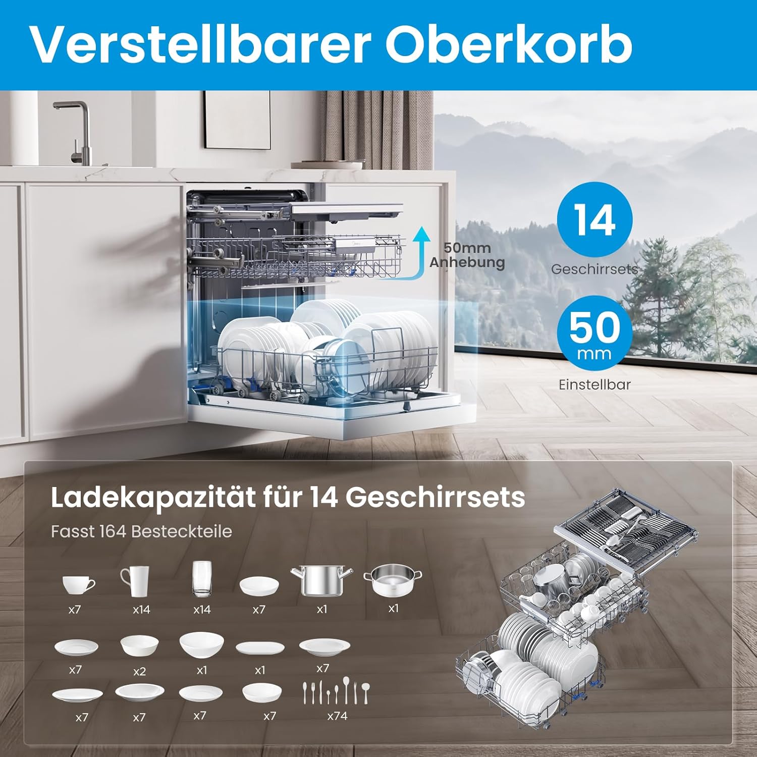 Midea SU 7.35X14BS Geschirrspüler 60cm Unterbau, 14 Maßgedecke Spülmaschine Teilintegrierbar mit WiFi, Extra Trocknung, 8 Programme, 42dB, 1-24h Startzeitverzögerung, Inox