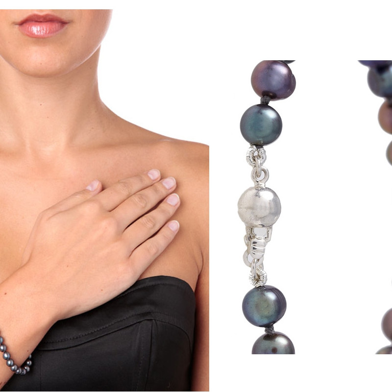 Bracelet Femme Perles de culture d'eau douce Noires et Fermoir Argent 925