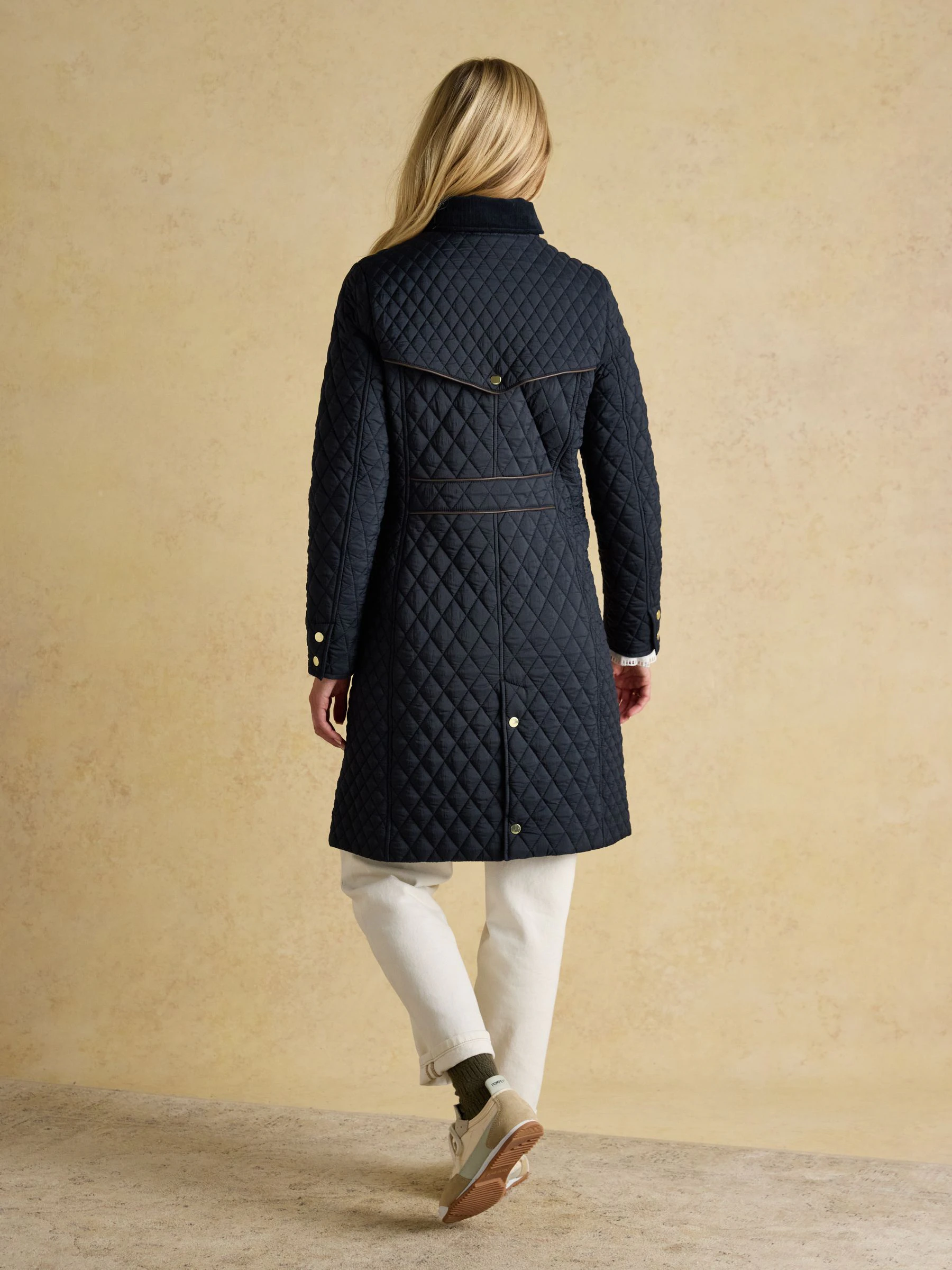 Marineblauw - Joules Rosewell Longline Diamond Quilted Showerproof Coat with Collar