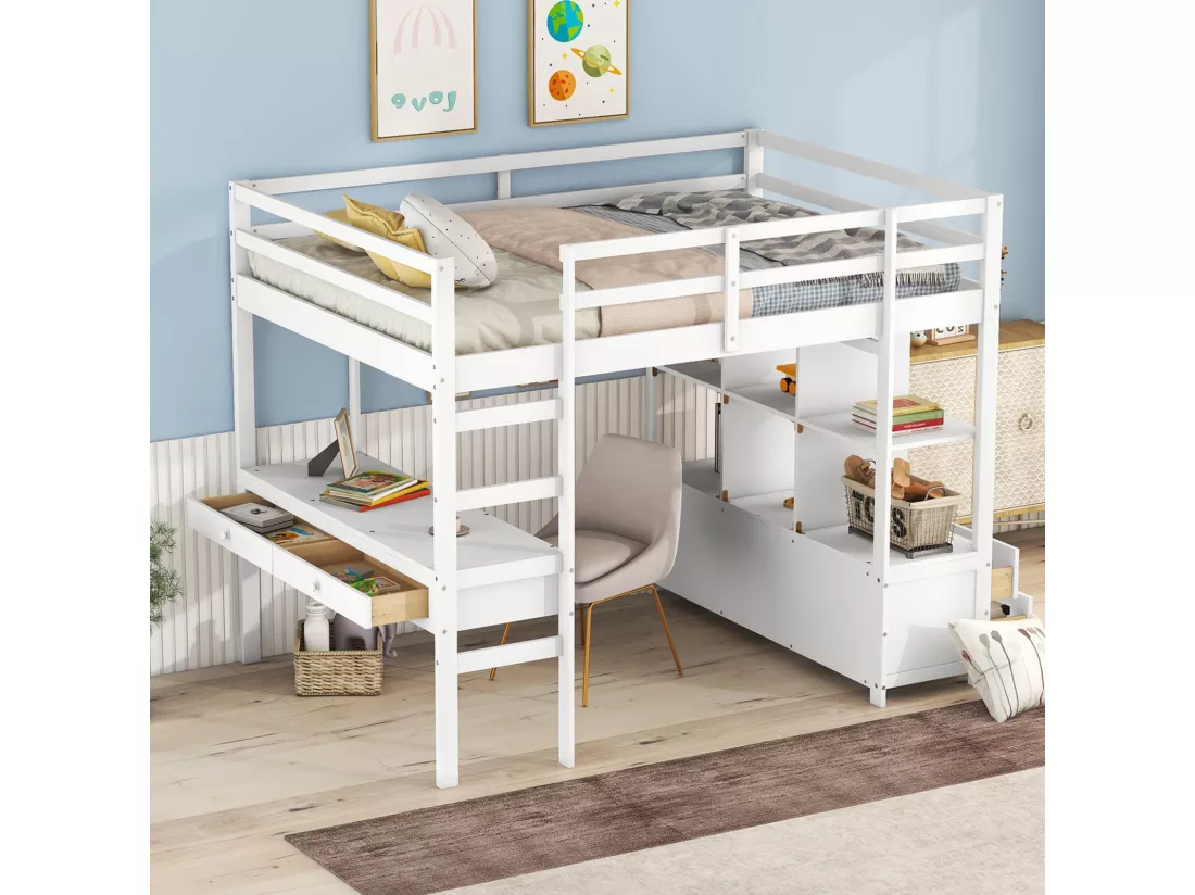 Lit mezzanine 140x200cm pour enfant - lit surélevé avec tiroirs de rangement, bureau et bibliothèque de rangement sous le lit - blanc