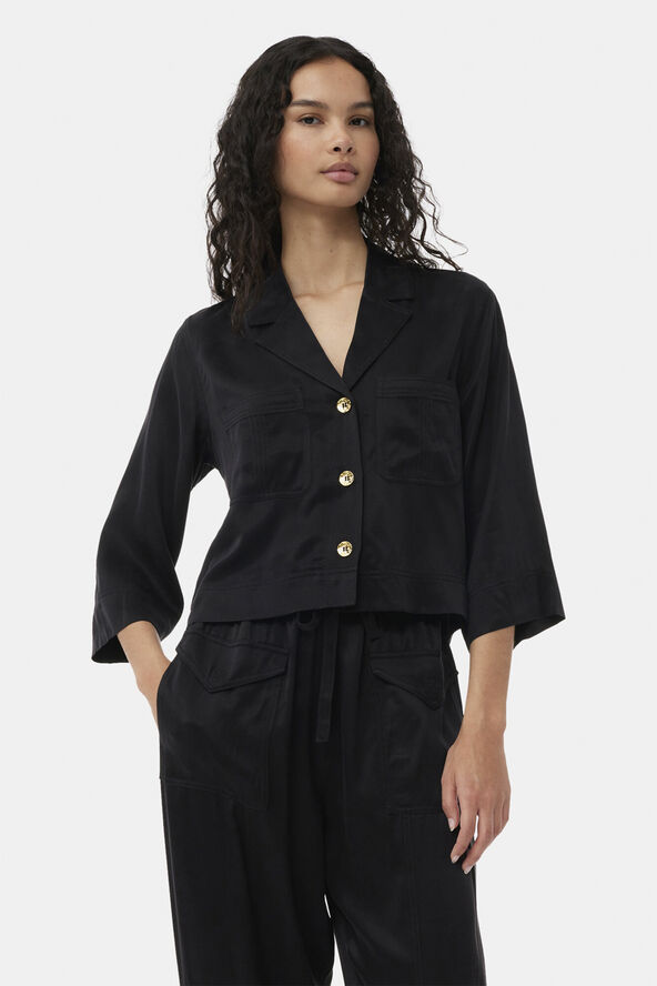 Ganni Washed Satin Crop Shirt Black