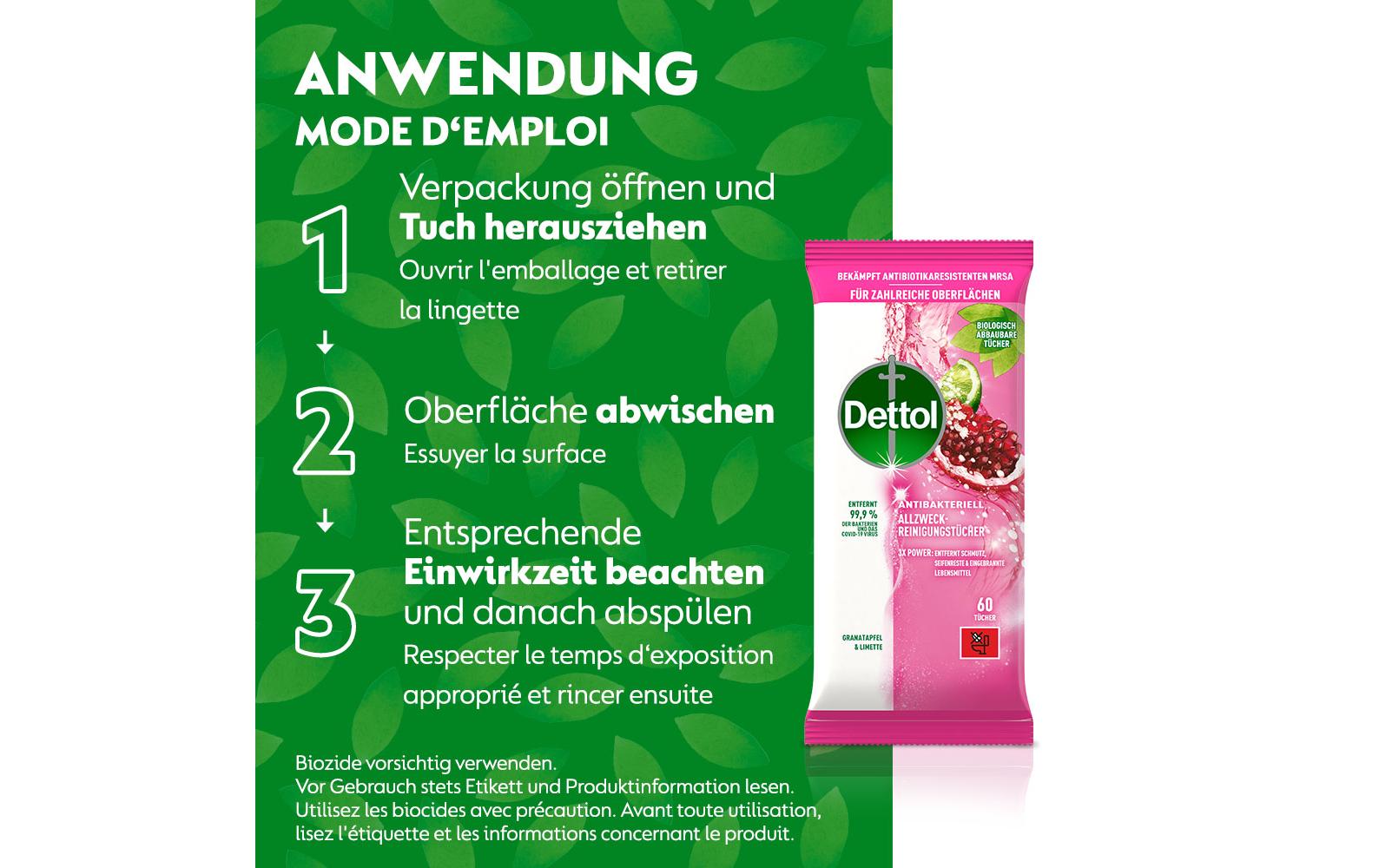 Allzweck-Reinigungstücher Granatapfel & Limette 60 StückAntibakterieller Oberflächenreiniger mit fruchtigem Duft