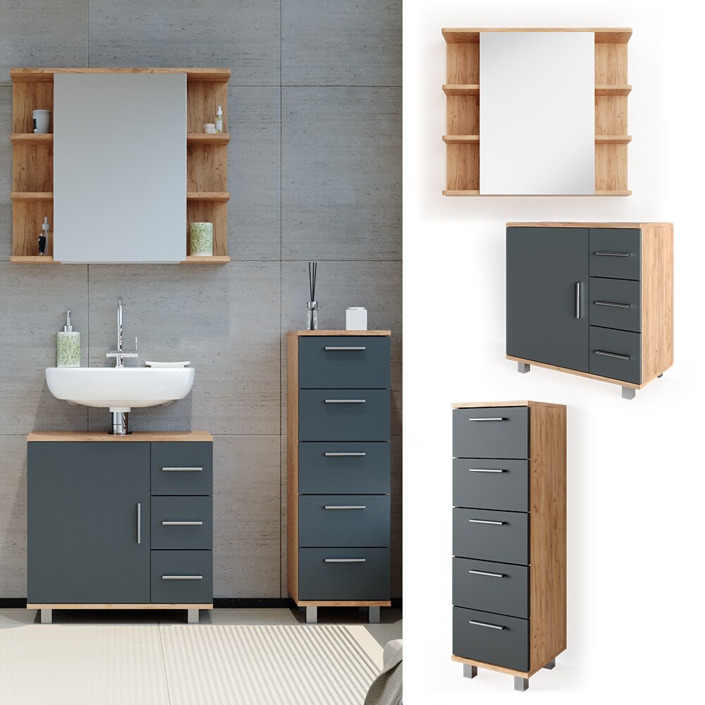 VICCO Badmöbel Set ILIAS Eiche Anthrazit Spiegel Kommode Unterschrank Badschrank