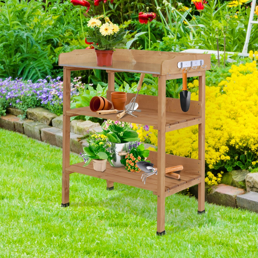 Outsunny Gärtnertisch mit Metall-Arbeitsfläche natur