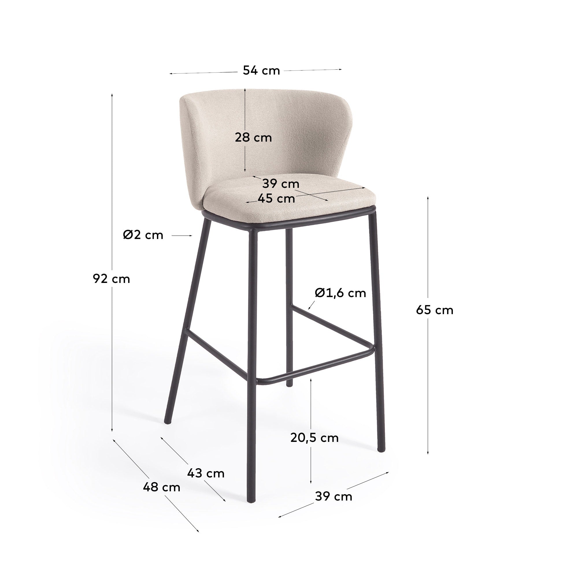 Kave Home - Ciselia kruk in beige chenille en stalen poten in zwart