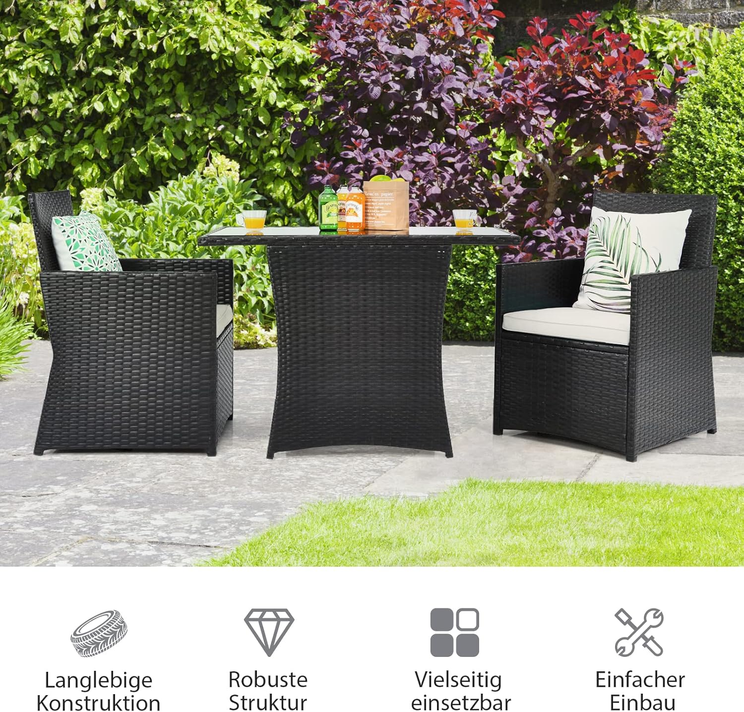 COSTWAY 3tlg. Polyrattan Gartenmöbel Set, 2 Sessel und 1 Beistelltisch mit Glasplatte, Rattanmöbel Platzsparend, Gartenlounge Gartengarnitur Sitzgruppe, Sitzgarnitur Gartenset inkl. Sitzkissen