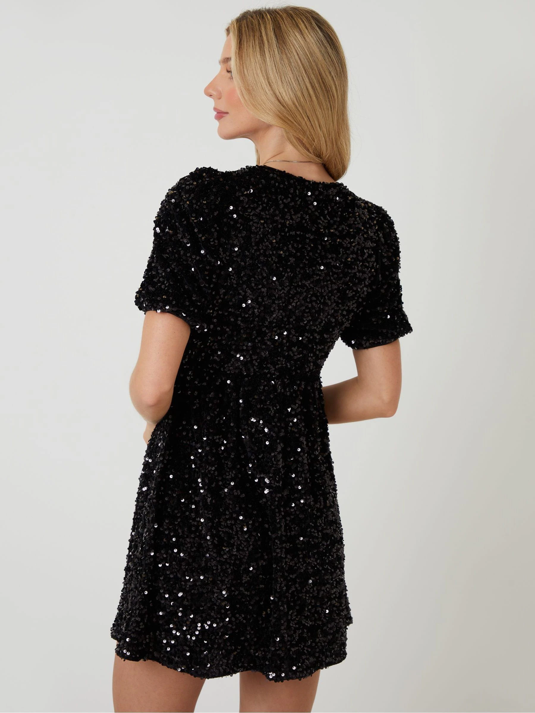 Zwart - Threadbare Sequin Velour Bow Detail Mini Dress