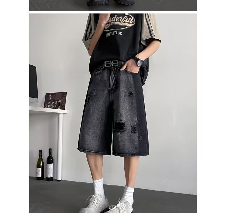 Diphon - Mid Rise Washed Distressed Denim Shorts