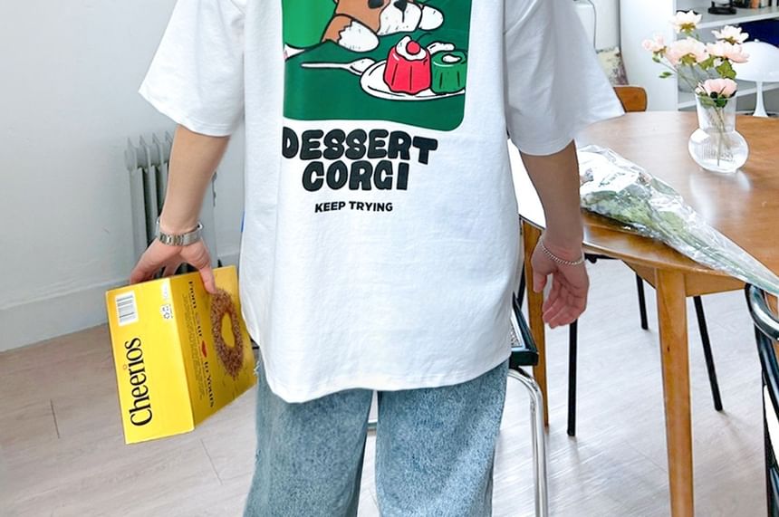SeoulPop - T-shirt met korte mouwen en hondenprint, losvallend