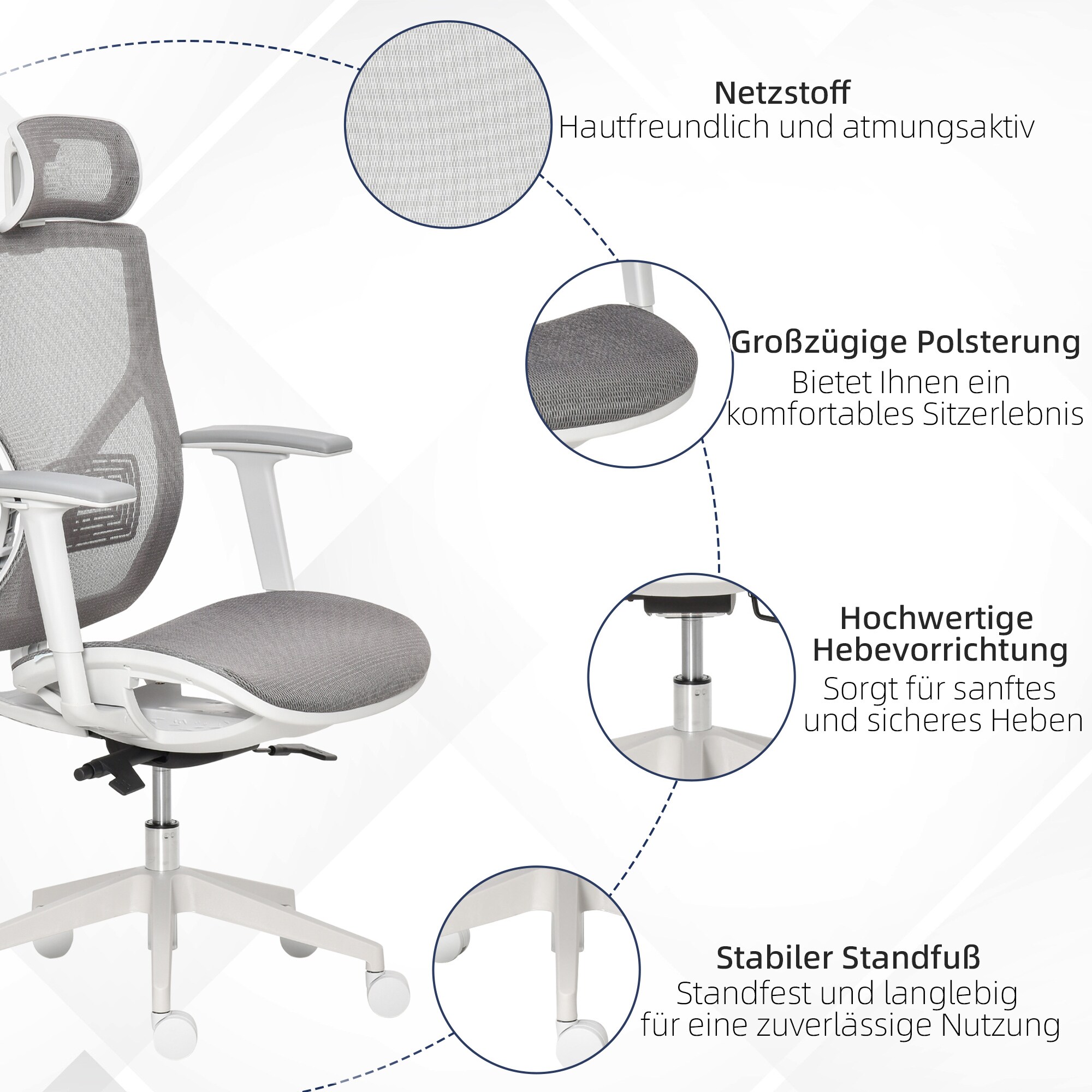 Vinsetto Bürostuhl ergonomisch geformt, high-end gaslift Grau 67 x 65 x 120-128 cm (BxTxH)