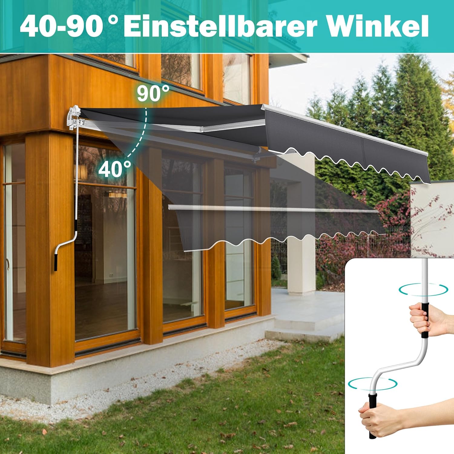 LARS360 Markise Balkon 400x300cm Aluminium Gelenkarmmarkise Balkonmarkise mit Handkurbel, Wetterfest & UV-beständig, Ganzjähriger Sonnen-, Regen- & Sichtschutz für Terrasse und Balkon, Dunkelgrau