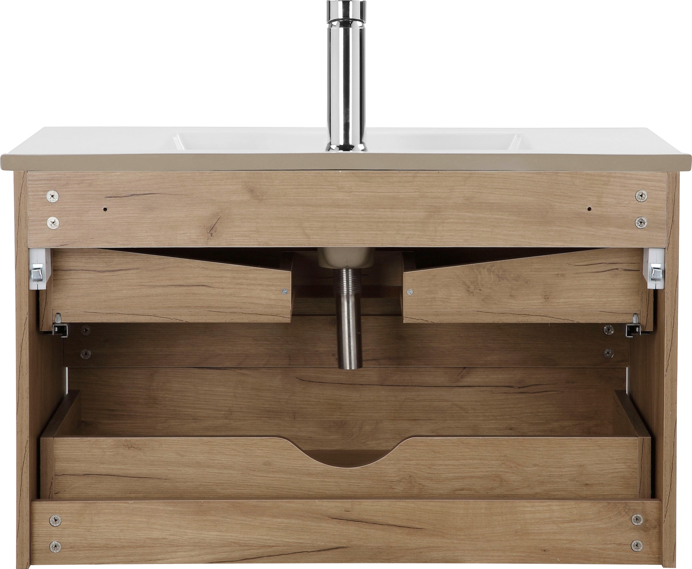 welltime Waschtisch »Torun Badezimmerschrank Unterschrank mit Glasfronten und Softclose« Set,  Waschplatz mit 2 Schubladen und Waschbecken Breite 80 cm