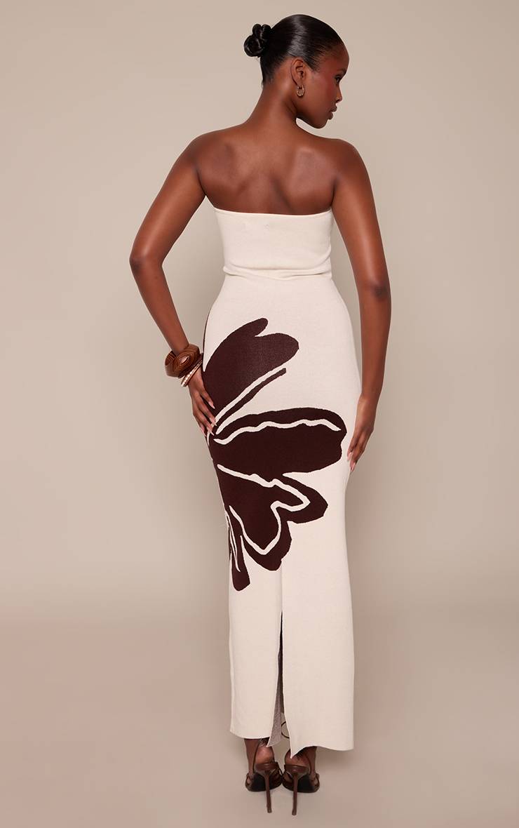 Crème Robe Maxi Moulante En Maille Compacte À Imprimé Floral Contrasté