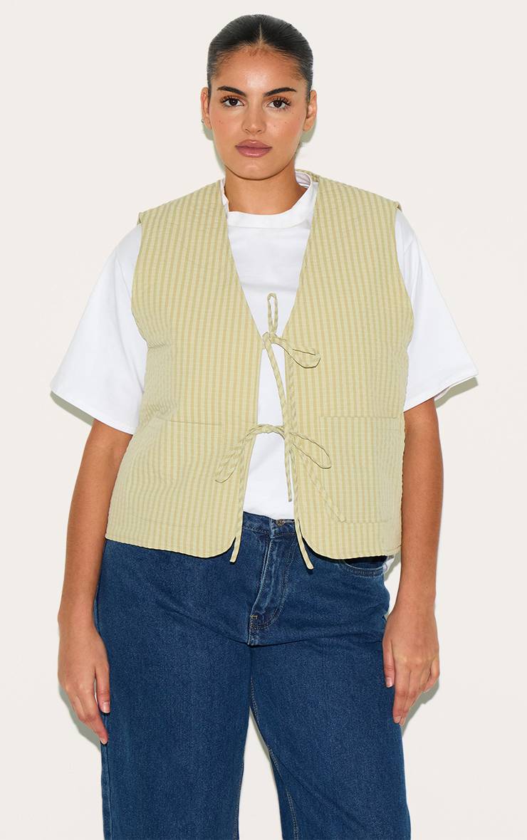 Vert Sauge Gilet Matelassé À Rayures Grande Taille