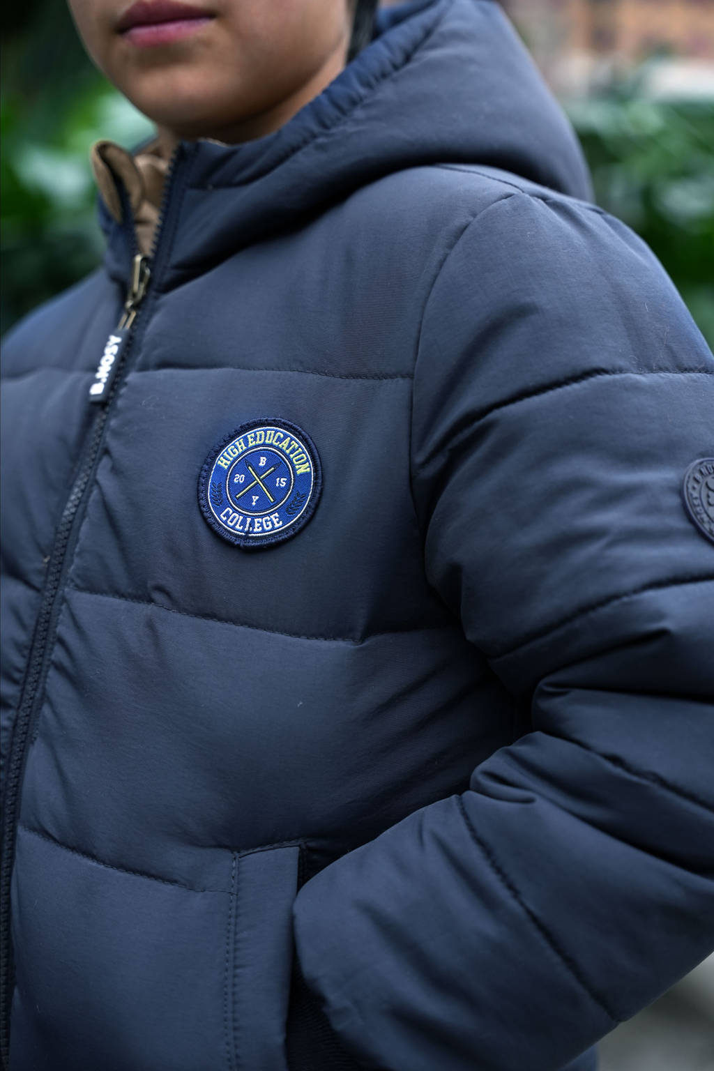 Mooie luxe winterjasreversible gewatteerde winterjas Joah donkerblauw/beige
