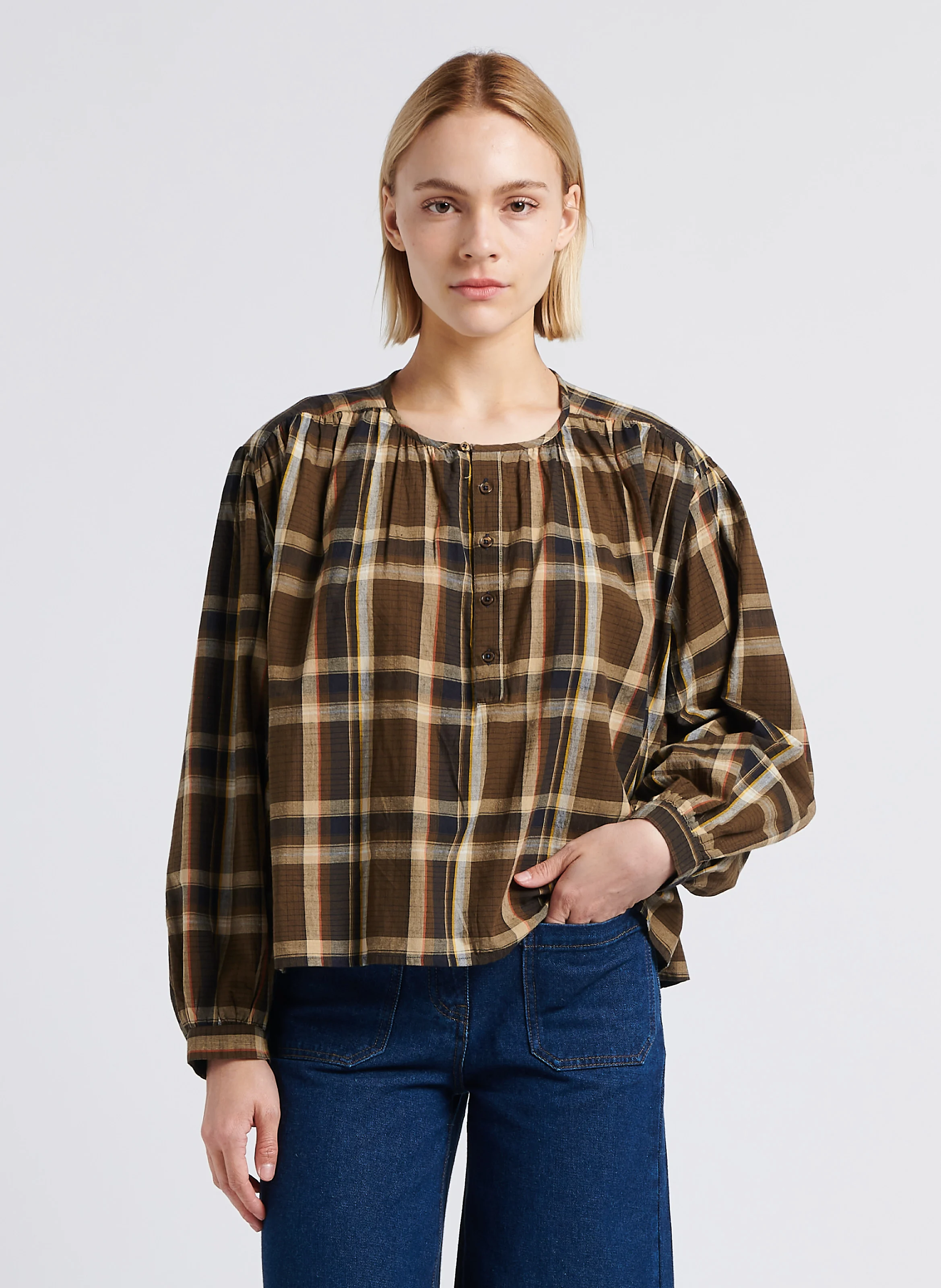 ELINA - Blouse évasée col rond en coton imprimé | Marron