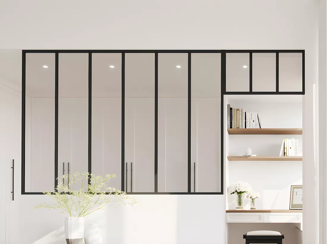 Verrière atelier avec imposte en aluminium thermolaqué - L180 x H130 + L73 x H40 cm - Noir - BAYVIEW
