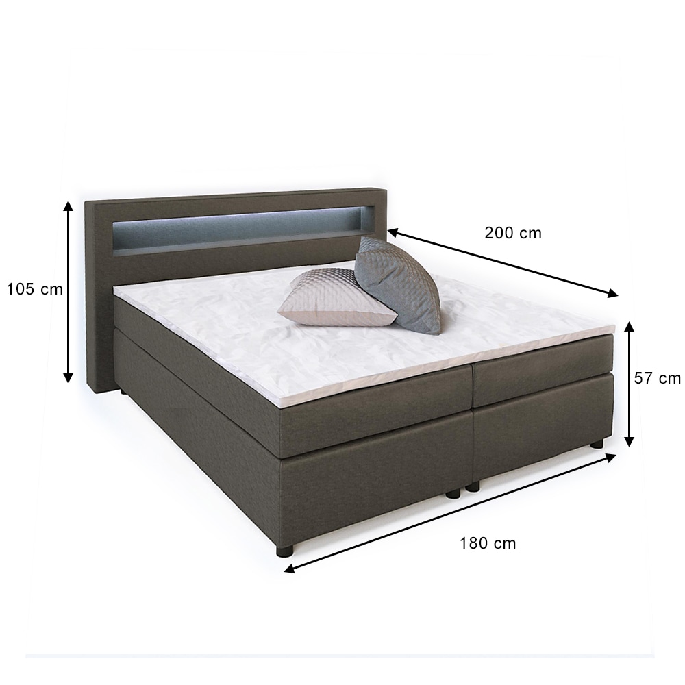 VitaliSpa Boxspringbett Doppelbett 180x200 LED Beleuchtung Komfortschaum Topper