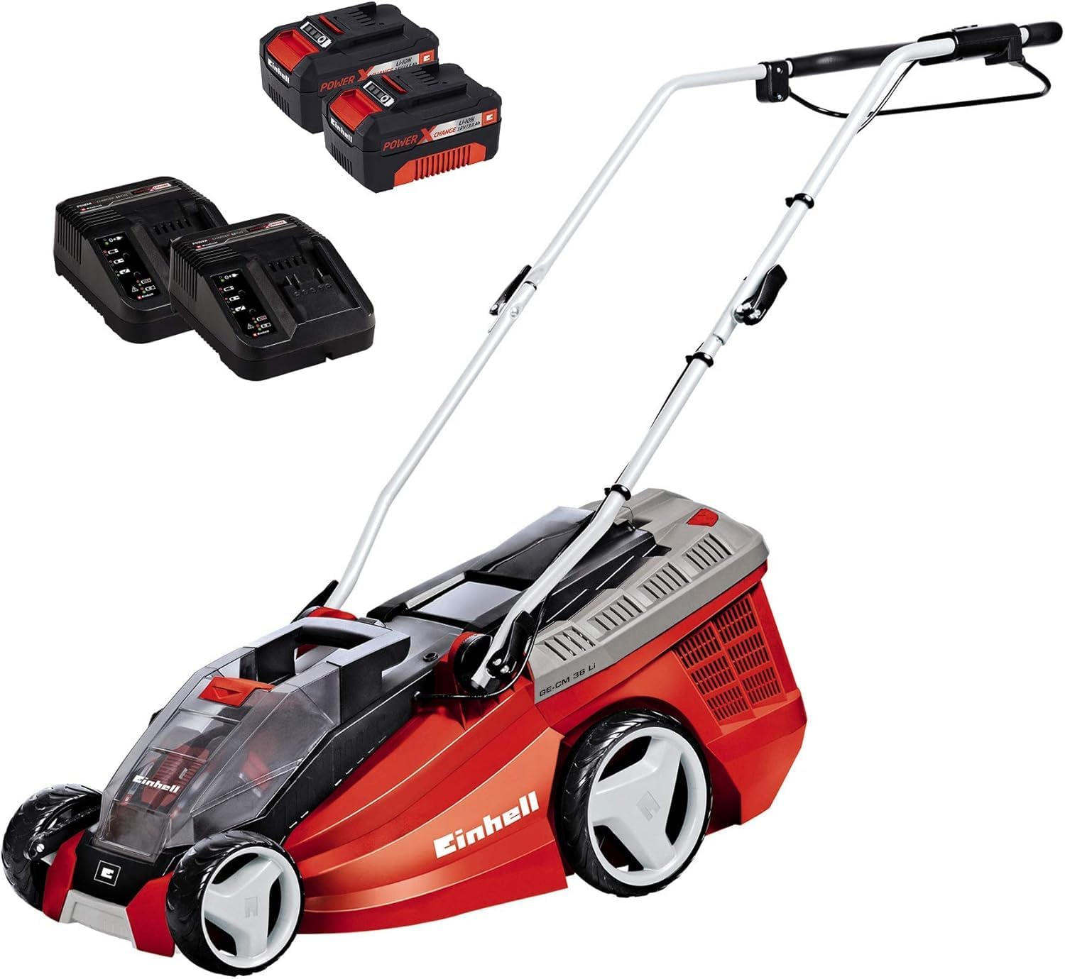 Einhell Akku-Rasenmher GE-CM 36 Li Kit Power X-Change (36 V, 36 cm Schnittbreite, bis 350 m, Brushless, 40L Fangkorb, 25-75 mm Schnitthhe, inkl. 2x 3,0 Ah-Akku und 2x Ladegert)
