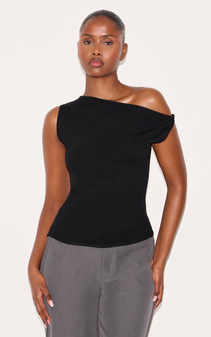 Noir Haut Débardeur En Maille Basique À Ourlet Asymétrique Et Manches Torsadées