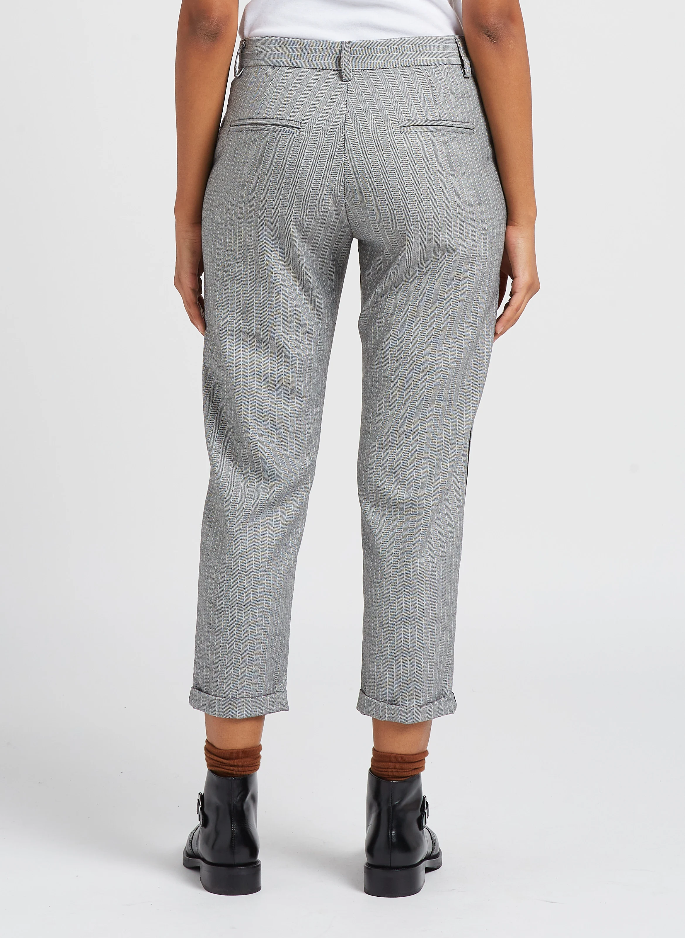 Pantalon droit taille haute à rayures | Noir
