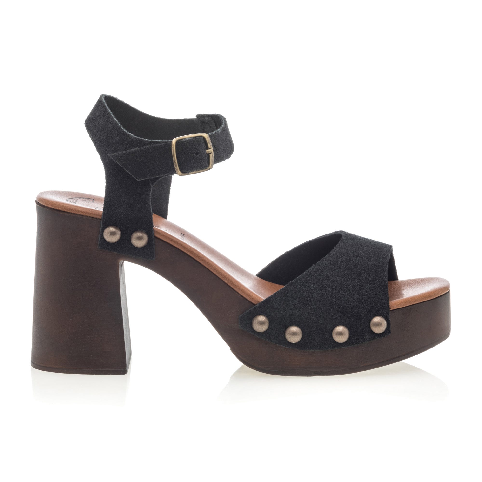 Chaussures semelle bois à talon Femme en cuir noir