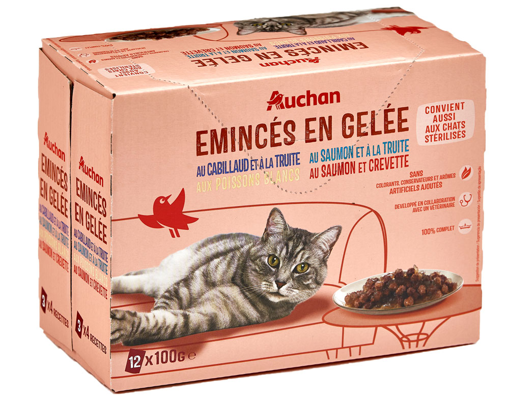 COMIDA HÚMIDA PARA GATO AUCHAN SAQUETAS PEDAÇOS EM GELEIA PEIXE 12X100G