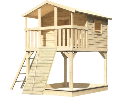 Speeltoren/speelhuis Karibu Benjamin, 198 x 244 cm, van hout, bestaande uit een houten helling