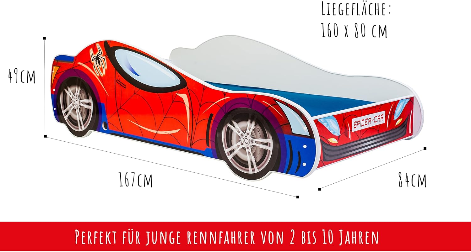 Kids Collective Autobett Kinderbett Jugendbett 70x140 | 80x160 mit Rausfallschutz & Matratze | Kinder Spielbett Rennfahrer