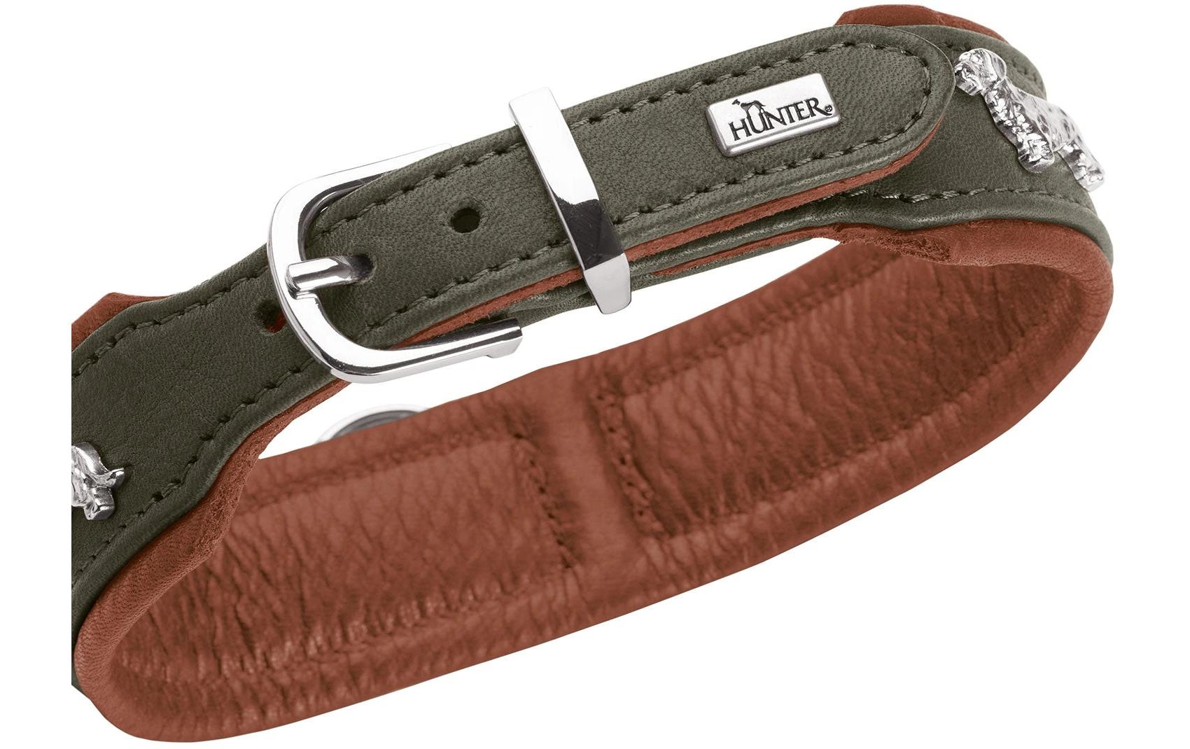 Teckel-Halsband München 37/XS-S, Rindsleder, Grün/CognacKlassisches Halsband für Hunde mit auffälligen Dackel-Besätzen