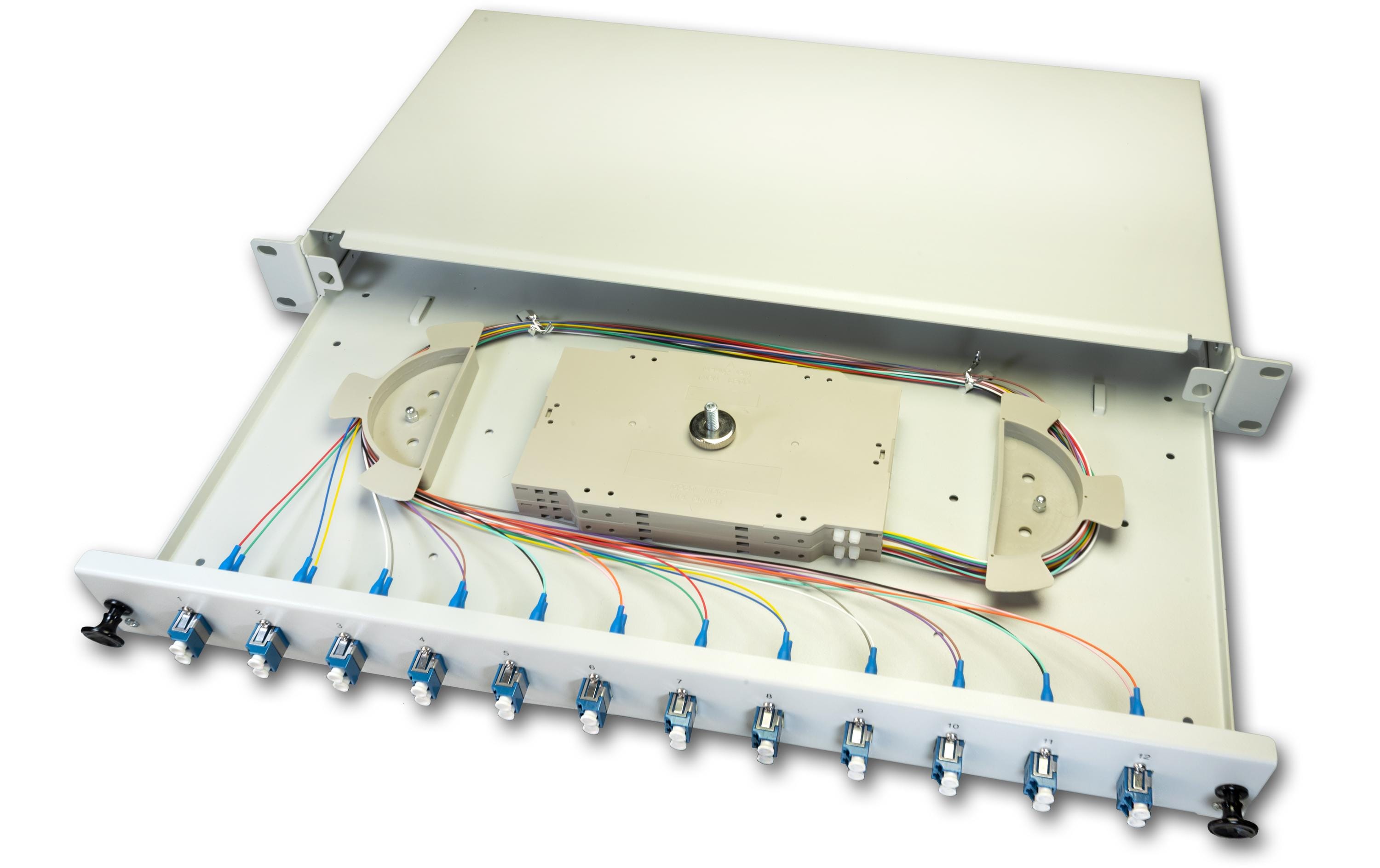 Spleissbox 24 Fasern, 12x DLC MM, 50/125µm OM3 Pigtail<br>LWL Spleissbox, 24 Fasern, 12x DLC Multimode, 50/125µm OM3 Pigtail