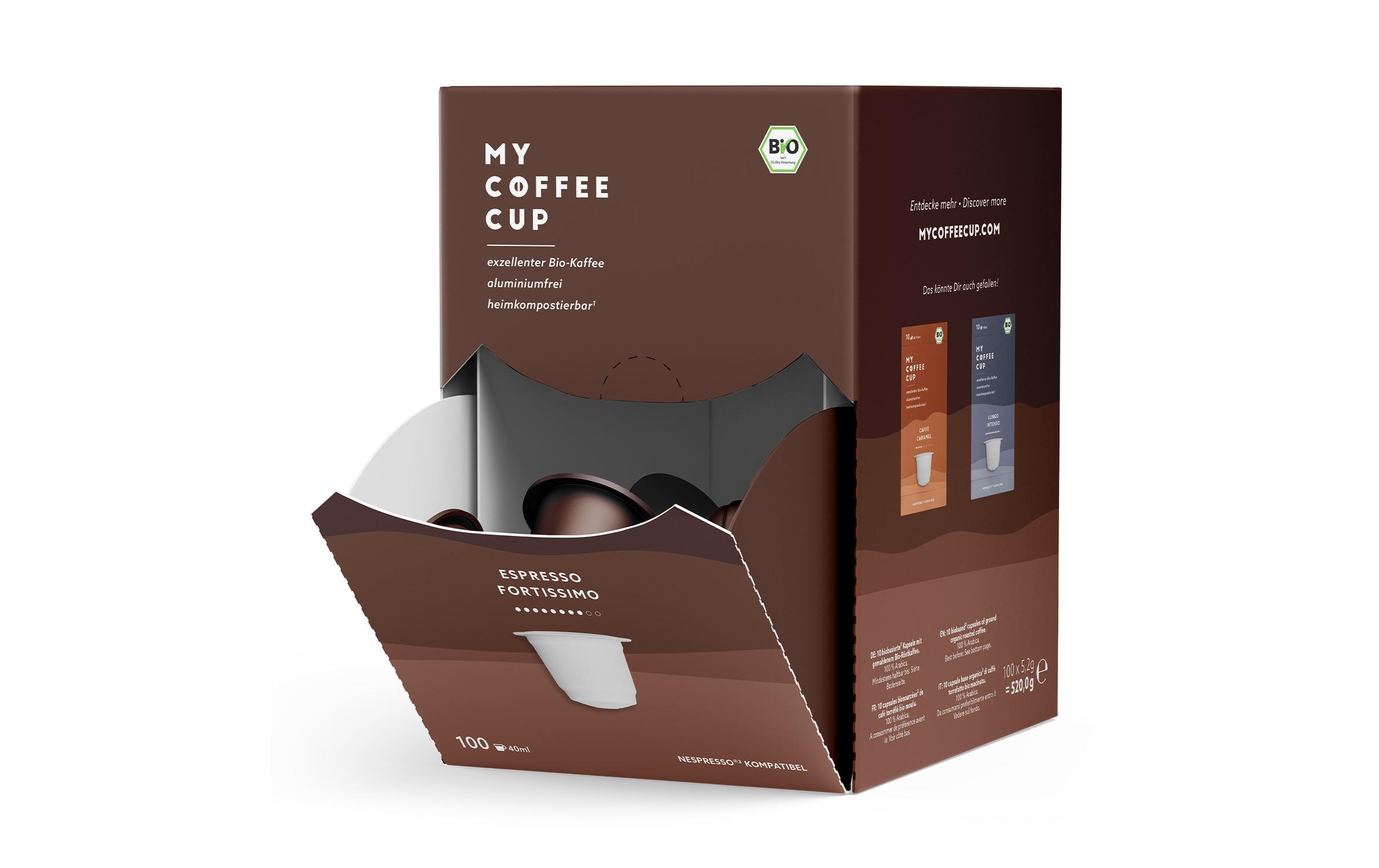 Kaffeekapseln Mega Box Bio Espresso Fortissimo 100 StückHeimkompostierbare Nespresso-Kapseln mit hochwertigem Bio-Kaffee