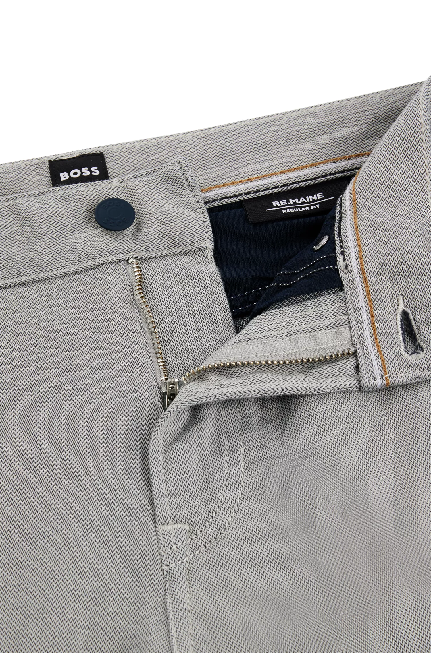 Calça jeans BOSS preta, corte regular, em denim microestruturado.