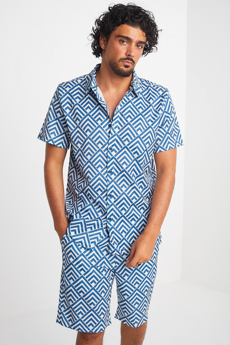 Ensemble 2 pièces chemise + short bleu à motif géométrique